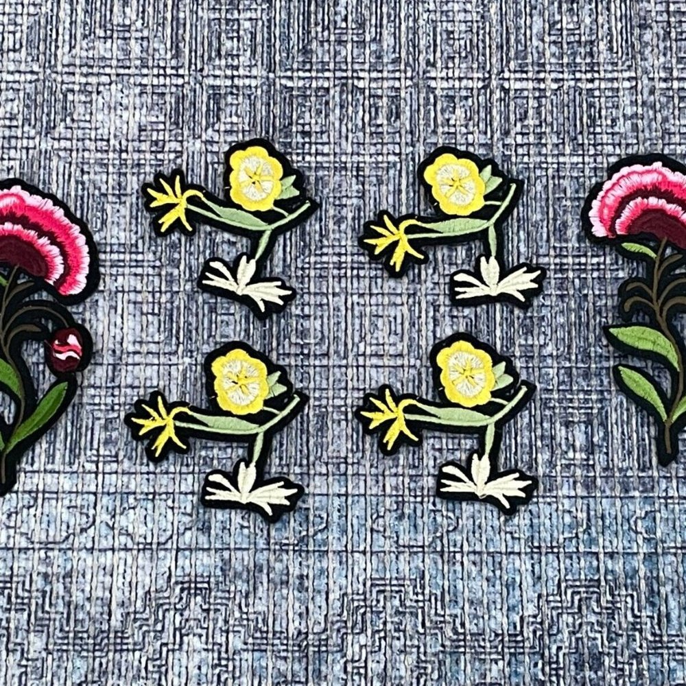 6 Iron On Patches Red and Yellow Flowers Patches for Craft Cloth Embroidery